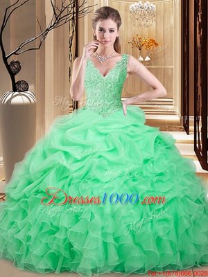 Decent V-neck Sleeveless Organza 15 Quinceanera Dress Lace and Appliques and Pick Ups Backless