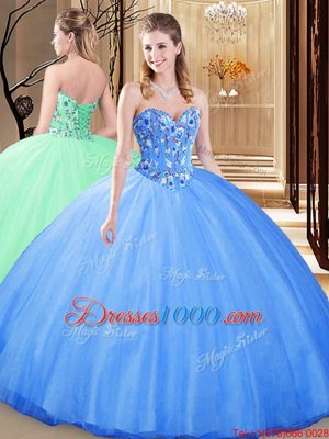 Blue Ball Gowns Embroidery Quinceanera Dress Lace Up Tulle Sleeveless Floor Length