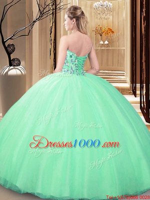 Blue Ball Gowns Embroidery Quinceanera Dress Lace Up Tulle Sleeveless Floor Length