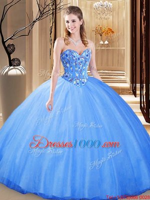 Blue Ball Gowns Embroidery Quinceanera Dress Lace Up Tulle Sleeveless Floor Length