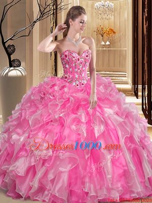 Captivating Floor Length Ball Gowns Sleeveless Rose Pink Quince Ball Gowns Lace Up