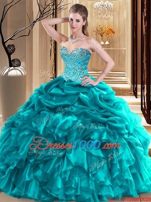 Eye-catching Sleeveless Organza Floor Length Lace Up Sweet 16 Quinceanera Dress in Teal for with Beading and Pick Ups