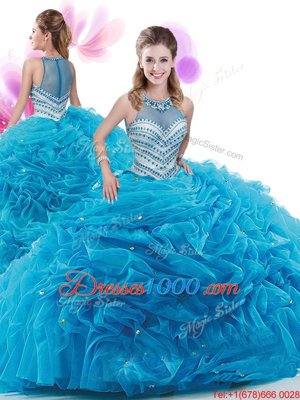 Customized Four Piece Aqua Blue Sweet 16 Dresses Military Ball and Sweet 16 and Quinceanera and For with Ruffles and Pick Ups High-neck Sleeveless Court Train Zipper