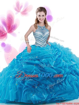 Customized Four Piece Aqua Blue Sweet 16 Dresses Military Ball and Sweet 16 and Quinceanera and For with Ruffles and Pick Ups High-neck Sleeveless Court Train Zipper