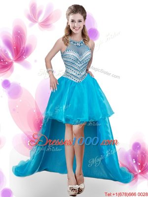 Customized Four Piece Aqua Blue Sweet 16 Dresses Military Ball and Sweet 16 and Quinceanera and For with Ruffles and Pick Ups High-neck Sleeveless Court Train Zipper