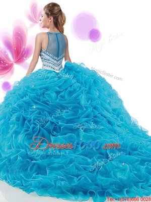 Customized Four Piece Aqua Blue Sweet 16 Dresses Military Ball and Sweet 16 and Quinceanera and For with Ruffles and Pick Ups High-neck Sleeveless Court Train Zipper