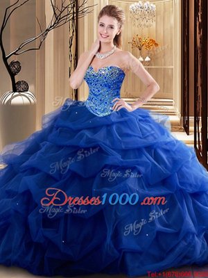 Royal Blue Tulle Lace Up Sweetheart Sleeveless Floor Length Vestidos de Quinceanera Beading