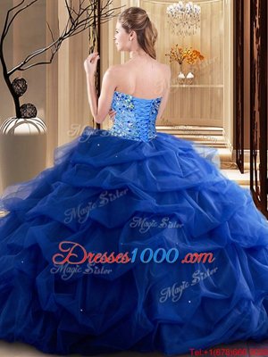 Royal Blue Tulle Lace Up Sweetheart Sleeveless Floor Length Vestidos de Quinceanera Beading