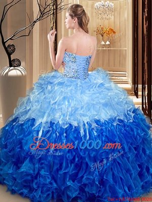 Sleeveless Floor Length Beading and Ruffles Lace Up Sweet 16 Dress with Multi-color