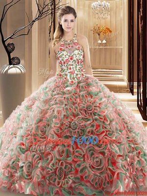 Multi-color Ball Gowns Fabric With Rolling Flowers High-neck Sleeveless Ruffles and Pattern Criss Cross 15th Birthday Dress Brush Train