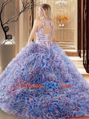 Multi-color Ball Gowns Fabric With Rolling Flowers High-neck Sleeveless Ruffles and Pattern Criss Cross 15th Birthday Dress Brush Train