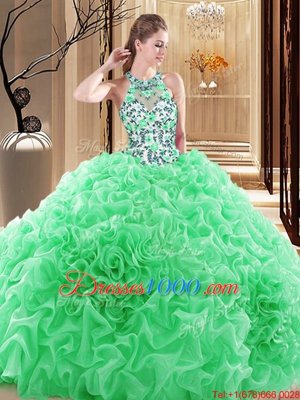 Backless High-neck Embroidery and Ruffles Quince Ball Gowns Organza Sleeveless Brush Train