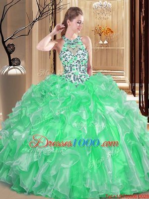 Scoop Ball Gowns Embroidery and Ruffles Quinceanera Gown Lace Up Organza Sleeveless Floor Length