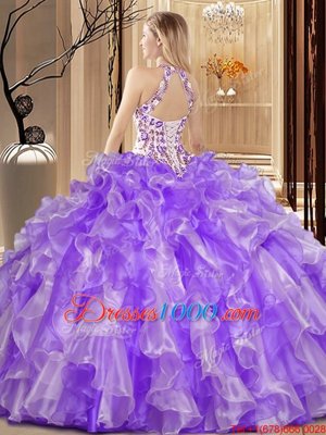 Scoop Ball Gowns Embroidery and Ruffles Quinceanera Gown Lace Up Organza Sleeveless Floor Length