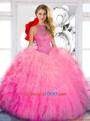 Noble High-neck Sleeveless Lace Up Ball Gown Prom Dress Baby Pink Tulle