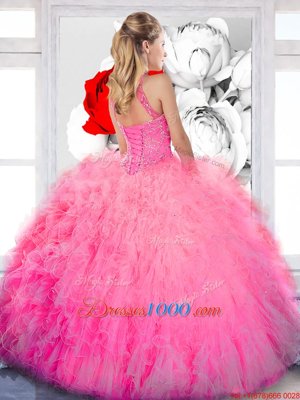 Noble High-neck Sleeveless Lace Up Ball Gown Prom Dress Baby Pink Tulle