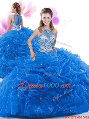 Four Piece Royal Blue Organza Zipper Quinceanera Dresses Sleeveless Floor Length Beading and Pick Ups