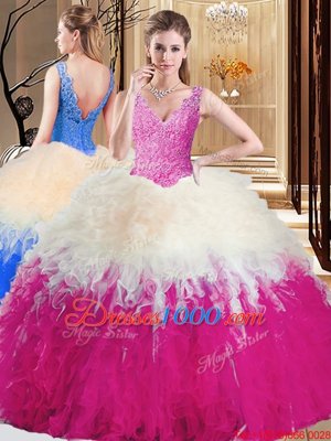 Modest Multi-color Tulle Zipper V-neck Sleeveless Floor Length Quince Ball Gowns Lace and Appliques and Ruffles