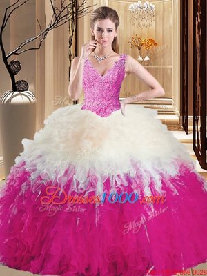 Modest Multi-color Tulle Zipper V-neck Sleeveless Floor Length Quince Ball Gowns Lace and Appliques and Ruffles