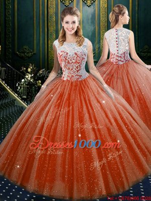 Orange Red Zipper Quinceanera Dress Lace Sleeveless Floor Length