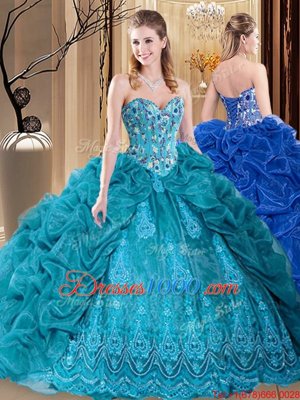 Deluxe Embroidery and Pick Ups Sweet 16 Dresses Teal Lace Up Sleeveless Floor Length