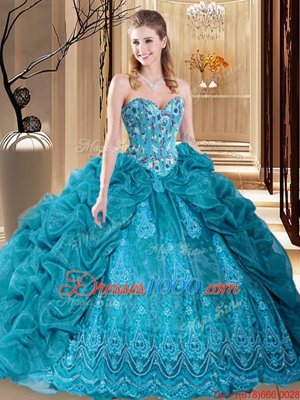 Deluxe Embroidery and Pick Ups Sweet 16 Dresses Teal Lace Up Sleeveless Floor Length