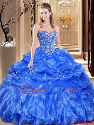 Fancy Floor Length Royal Blue Sweet 16 Dress Organza Sleeveless Lace and Appliques