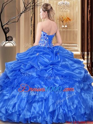 Fancy Floor Length Royal Blue Sweet 16 Dress Organza Sleeveless Lace and Appliques