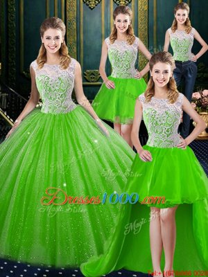 Latest Four Piece Sleeveless Tulle Brush Train Zipper Vestidos de Quinceanera for Military Ball and Sweet 16 and Quinceanera
