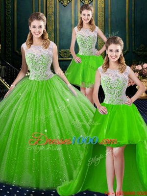 Latest Four Piece Sleeveless Tulle Brush Train Zipper Vestidos de Quinceanera for Military Ball and Sweet 16 and Quinceanera