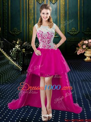 Colorful Four Piece Fuchsia Ball Gowns Tulle High-neck Sleeveless Lace Floor Length Zipper Quinceanera Gowns