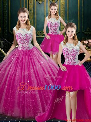 Colorful Four Piece Fuchsia Ball Gowns Tulle High-neck Sleeveless Lace Floor Length Zipper Quinceanera Gowns