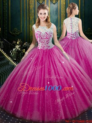 Sleeveless Tulle Floor Length Lace Up Quinceanera Gowns in Hot Pink for with Lace