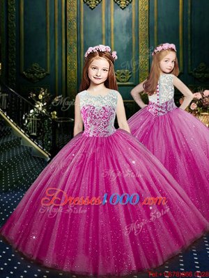 Sleeveless Tulle Floor Length Lace Up Quinceanera Gowns in Hot Pink for with Lace