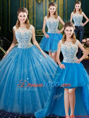 Four Piece Baby Blue Ball Gowns Tulle High-neck Sleeveless Lace Floor Length Zipper Quince Ball Gowns Brush Train
