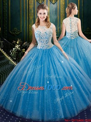 Four Piece Baby Blue Ball Gowns Tulle High-neck Sleeveless Lace Floor Length Zipper Quince Ball Gowns Brush Train