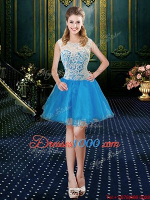 Four Piece Baby Blue Ball Gowns Tulle High-neck Sleeveless Lace Floor Length Zipper Quince Ball Gowns Brush Train