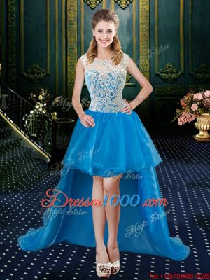 Four Piece Baby Blue Ball Gowns Tulle High-neck Sleeveless Lace Floor Length Zipper Quince Ball Gowns Brush Train