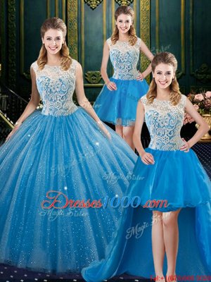 Four Piece Baby Blue Ball Gowns Tulle High-neck Sleeveless Lace Floor Length Zipper Quince Ball Gowns Brush Train