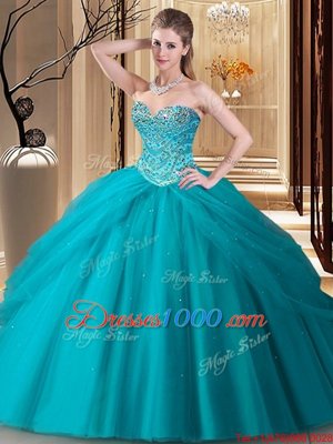 Custom Made Sweetheart Sleeveless Sweet 16 Dress Floor Length Beading Teal Tulle
