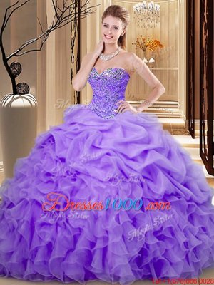 Lavender Lace Up Quinceanera Gown Beading and Ruffles and Pick Ups Sleeveless Floor Length