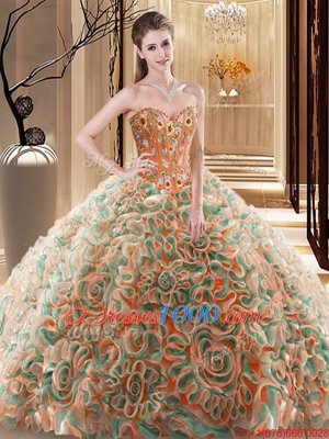 Multi-color Sleeveless Brush Train Embroidery and Ruffles With Train Vestidos de Quinceanera