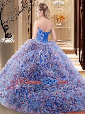 Luxurious Multi-color Lace Up Sweet 16 Dress Embroidery and Ruffles Sleeveless With Brush Train