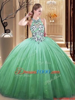 Enchanting Green Tulle Lace Up High-neck Sleeveless Floor Length Sweet 16 Quinceanera Dress Lace and Appliques