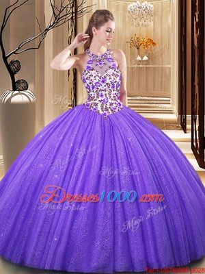 Excellent Sequins Ball Gowns Sweet 16 Dress Lavender Scoop Tulle Sleeveless Floor Length Backless
