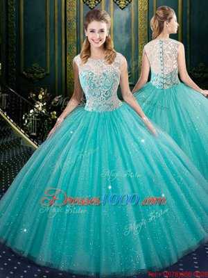 High End Four Piece Aqua Blue Ball Gowns Lace 15th Birthday Dress Zipper Tulle Sleeveless Floor Length