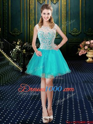 High End Four Piece Aqua Blue Ball Gowns Lace 15th Birthday Dress Zipper Tulle Sleeveless Floor Length