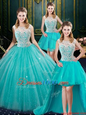 High End Four Piece Aqua Blue Ball Gowns Lace 15th Birthday Dress Zipper Tulle Sleeveless Floor Length