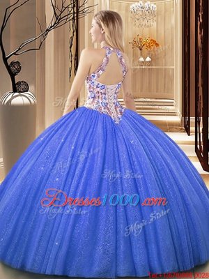 Blue Sweet 16 Dresses Military Ball and Sweet 16 and Quinceanera and For with Lace and Appliques High-neck Sleeveless Lace Up