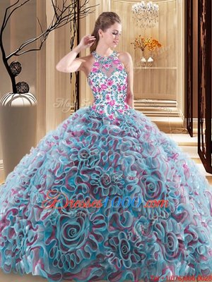 Multi-color Fabric With Rolling Flowers Criss Cross High-neck Sleeveless Quinceanera Gown Sweep Train Ruffles and Pattern